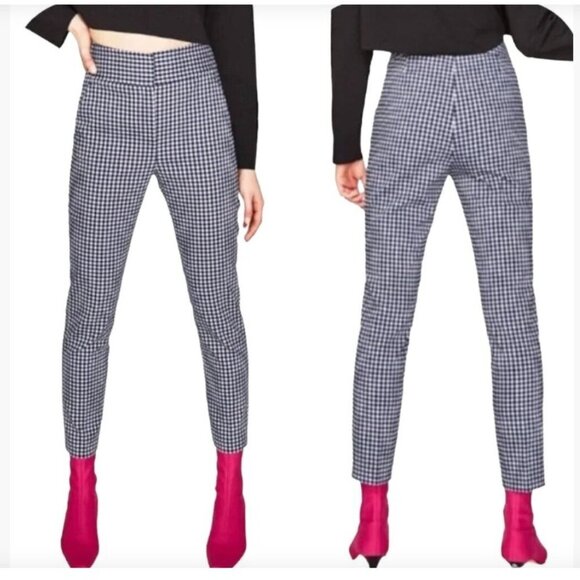Zara Navy & White Gingham Check high waist ankle pants - Sz 2 - Picture 1 of 9